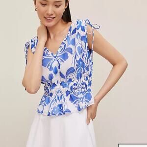 NWT Ann Taylor Tiled Gathered Tie Top Peplum V Neck Sz L